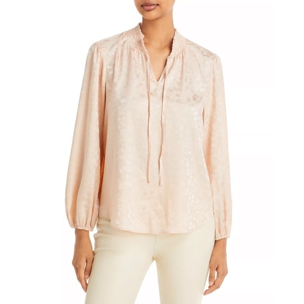 Chenault Smocked Tie Neck Jacquard Top L NWT